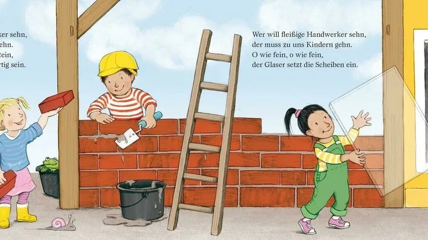 Eine Seite des Bilderbuches. Zwei Kinder arbeiten an einer Mauer. Ein weiteres Kind hält eine Glasscheibe in den Händen.